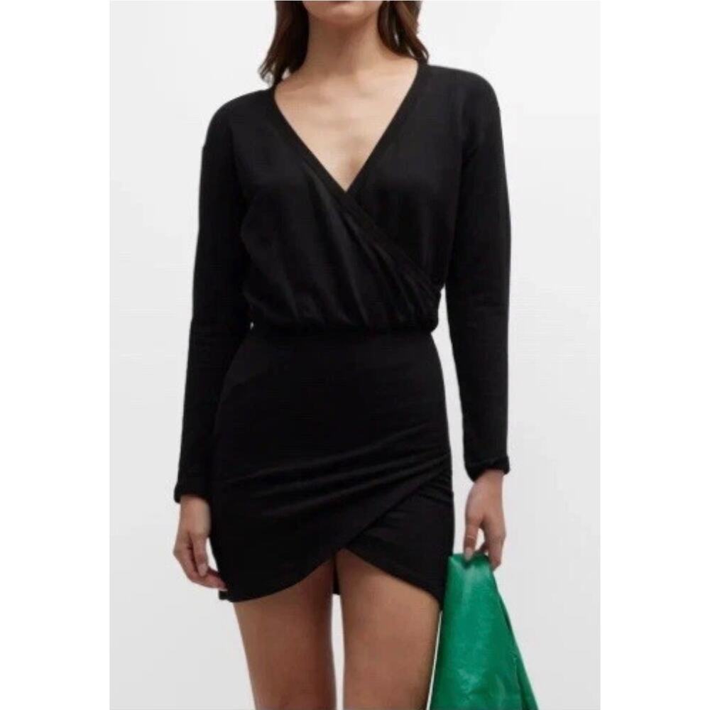 MONROW Black Supersoft Fleece Crossover V Mini Long Sleeve Dress, size small